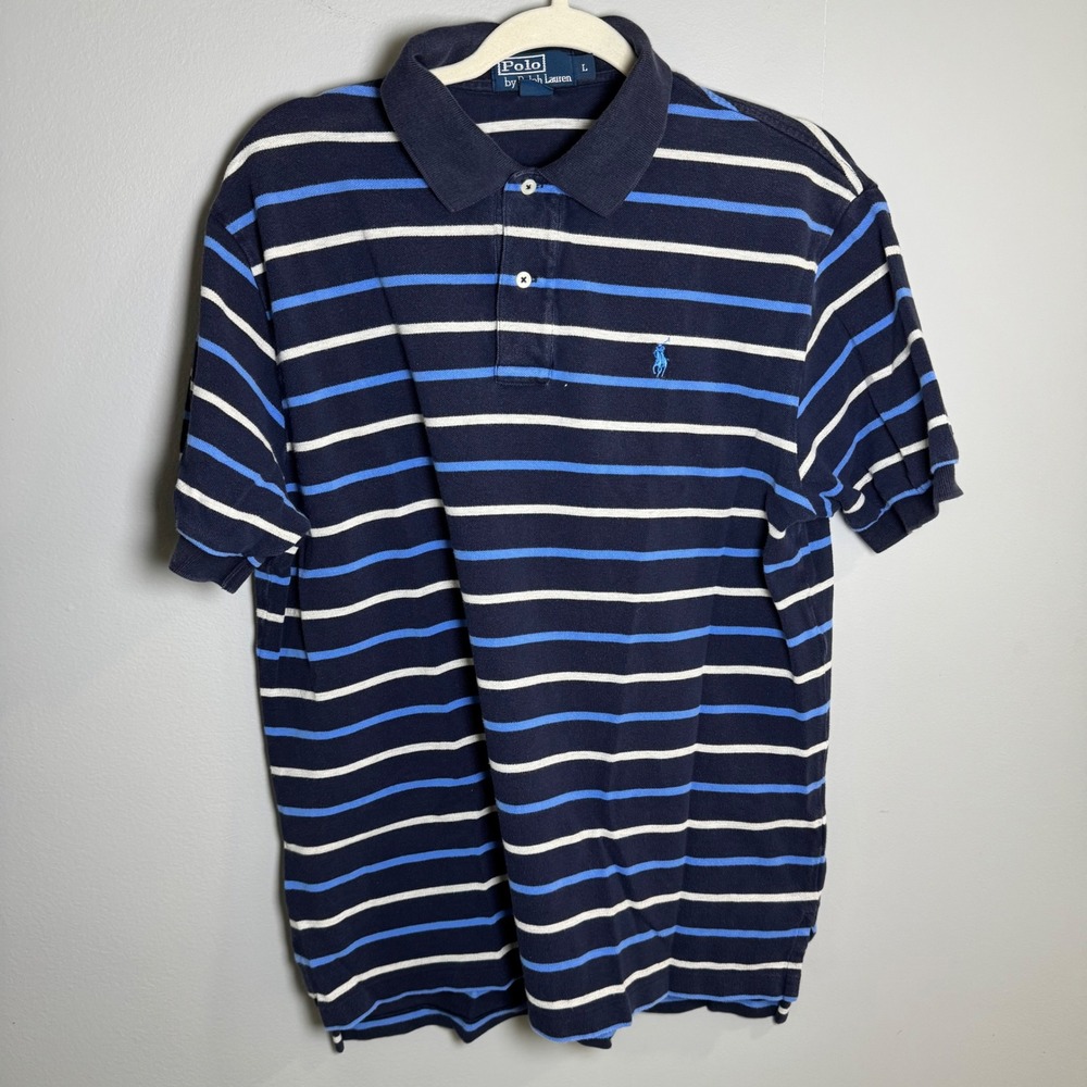 Polo Ralph Lauren Mens Large Navy Blue Striped Short Sleeve Cotton Polo Shirt